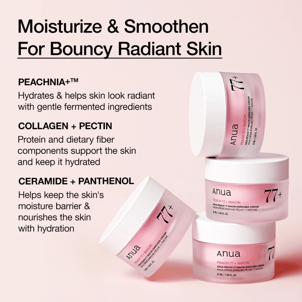 Anua Peach 77% Niacin Enriched Cream mit PEACHNIA™, Kollagen, Pektin, Ceramid und Panthenol für hydratisierte, geschmeidige Haut.