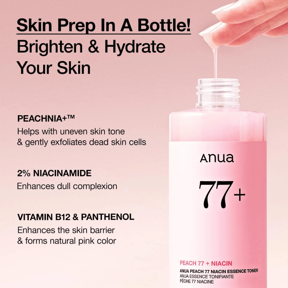 Anua Peach 77 Niacin Essence Toner in rosa Flasche, mit Text, der PEACHNIA+, 2 % Niacinamid sowie Vitamin B12 und Panthenol hervorhebt, um die Haut aufzuhellen und die Barriere zu stärken.