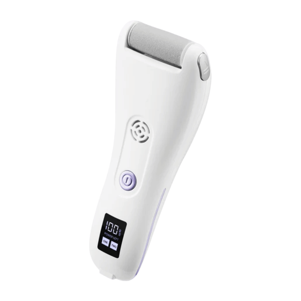 9. BAREN Pedi Mate Dual Power Vacuum Type Electric Callus Remover – weiße wiederaufladbare elektrische Hornhautfeile mit digitalem Display und lilafarbenen Details