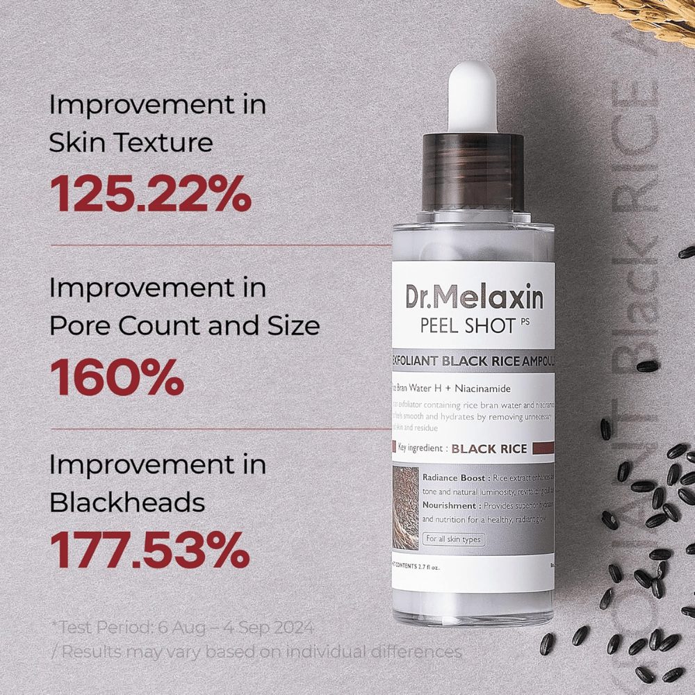 Dr.Melaxin Peel Shot Black Rice Ampoule verbessert die Hautstruktur, verkleinert Poren und reduziert Mitesser