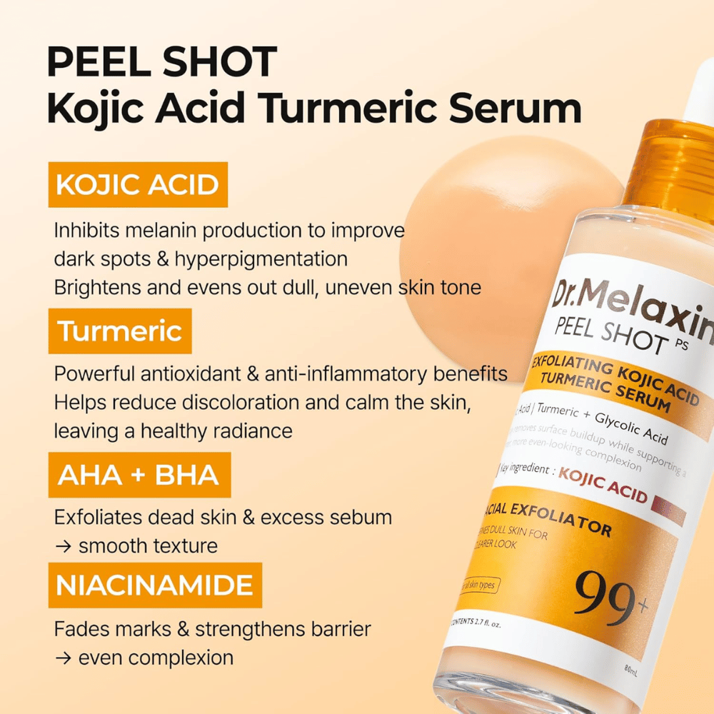 Peelendes Serum mit Kojic Acid und Kurkuma, das in die Haut einmassiert wird, um Hyperpigmentierung zu reduzieren und Ausstrahlung zu verleihen