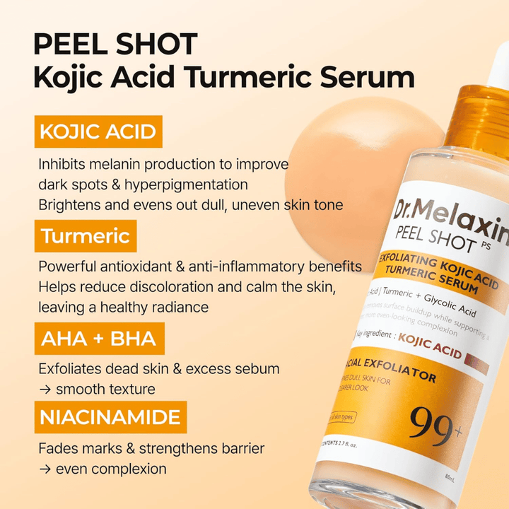 Peelendes Serum mit Kojic Acid und Kurkuma, das in die Haut einmassiert wird, um Hyperpigmentierung zu reduzieren und Ausstrahlung zu verleihen