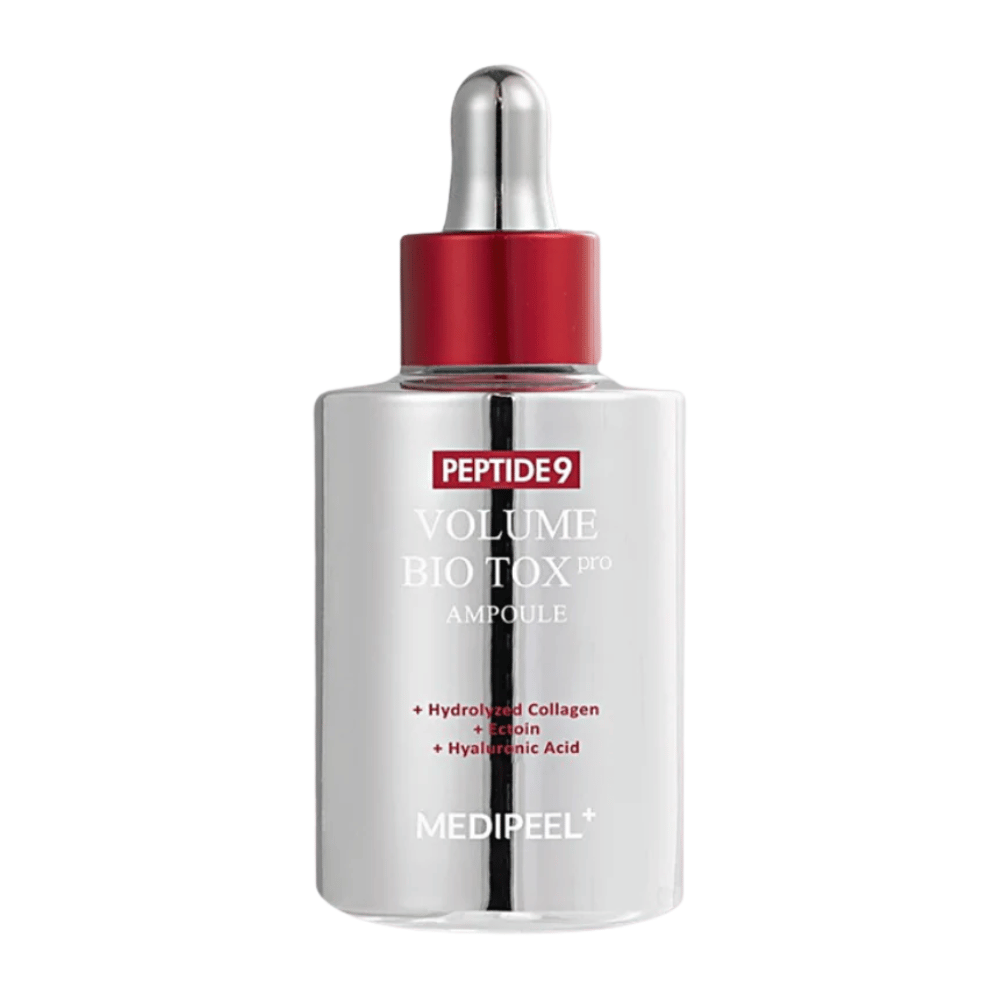 MEDI-PEEL Peptide 9 Volume Bio Tox Pro Ampoule in Silberflasche mit roter Pipette. Ein Anti-Aging-Serum, das Spannkraft, Volumen und intensive Feuchtigkeit bietet.