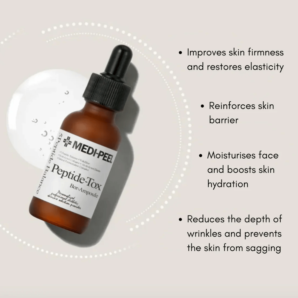 MEDI-PEEL Peptide-Tox Bor Ampoule – koreanisches Gesichtsserum mit Peptiden, das die Hautfestigkeit verbessert, die Hautbarriere stärkt, tiefenwirksam Feuchtigkeit spendet und sichtbare Falten reduziert.