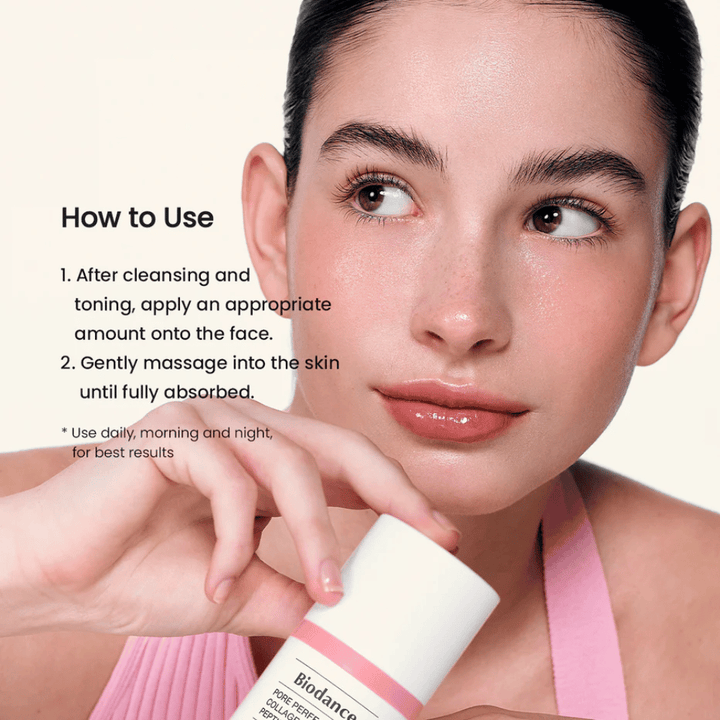 Biodance Pore Perfecting Collagen Peptide Cream Anwendung nach der Reinigung – feuchtigkeitsspendende und straffende Gesichtscreme mit Peptiden und Kollagen