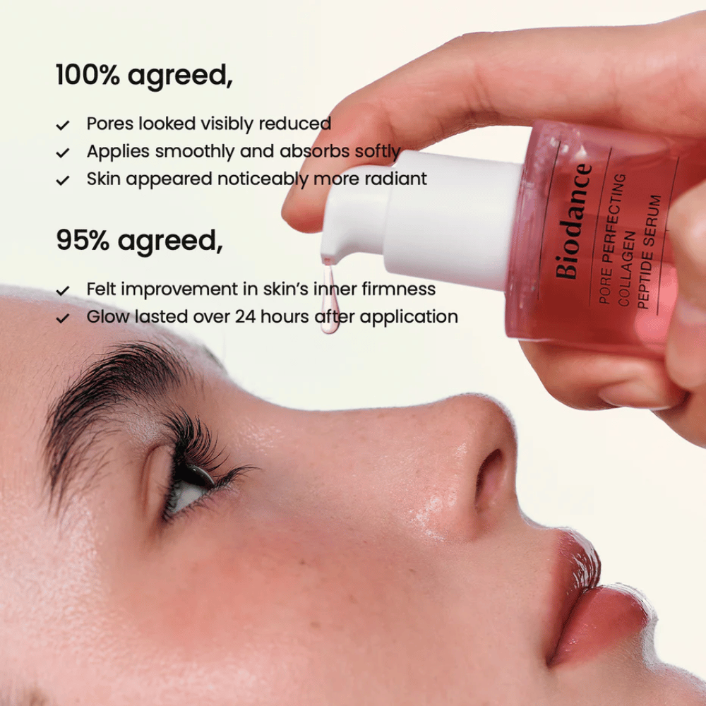 Biodance Collagen Peptide Serum wird auf das Gesicht aufgetragen – straffendes Serum für verkleinerte Poren und mehr Strahlkraft.
