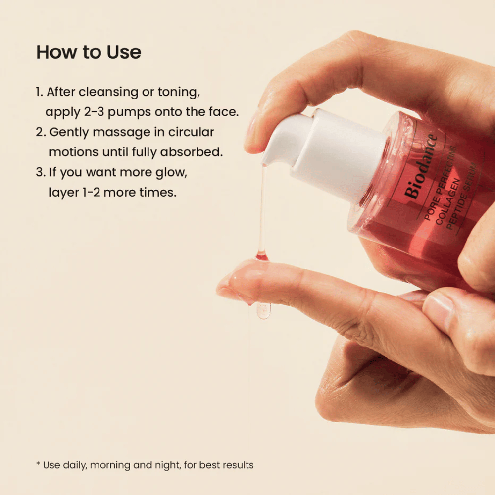 Biodance Pore Perfecting Collagen Peptide Serum wird aufgetragen – porenverkleinerndes Serum mit Kollagen und Peptiden.