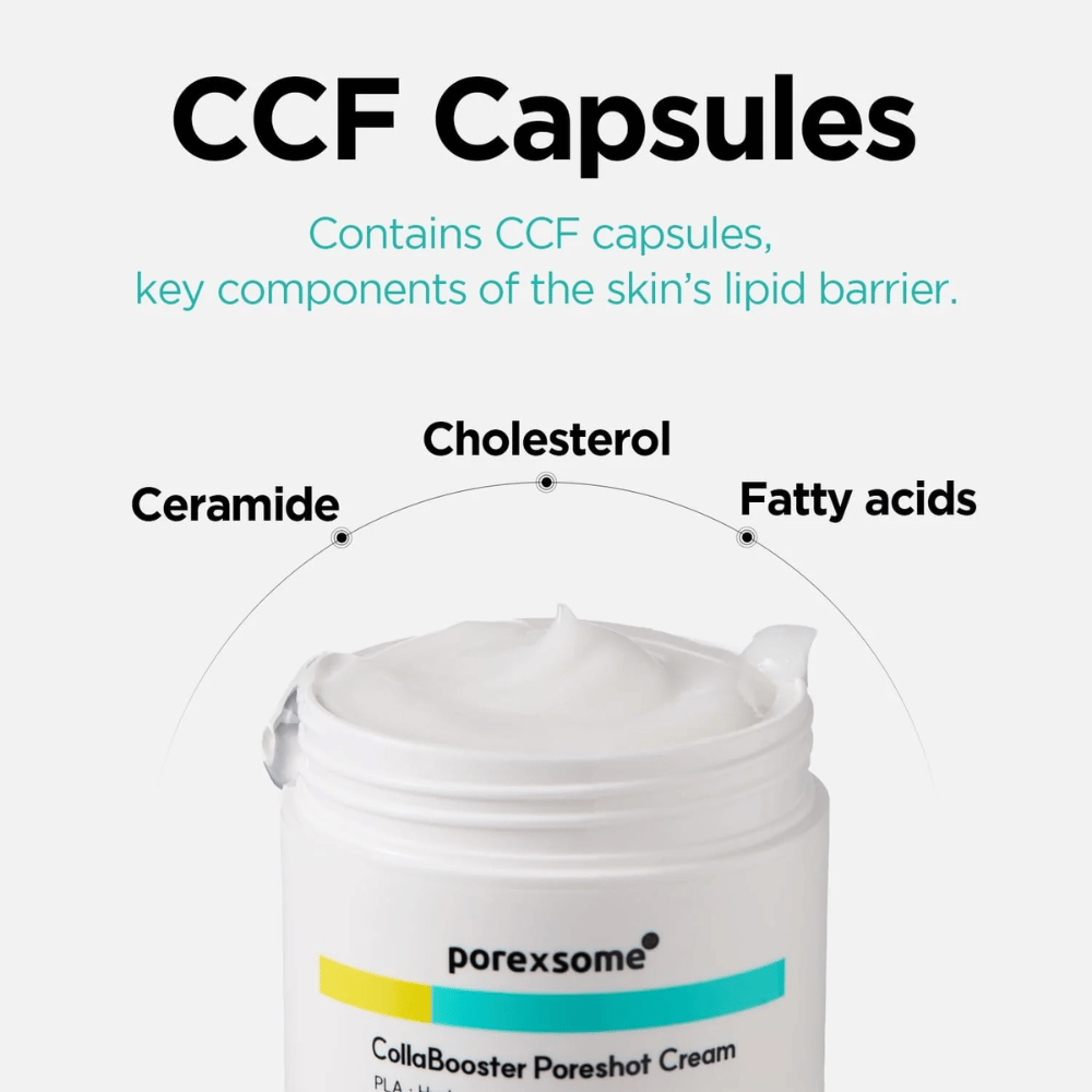 Offener Behälter von Porexsome CollaBooster Poreshot Cream mit Text über CCF-Kapseln: Ceramide, Cholesterin und Fettsäuren, die die Hautbarriere stärken.