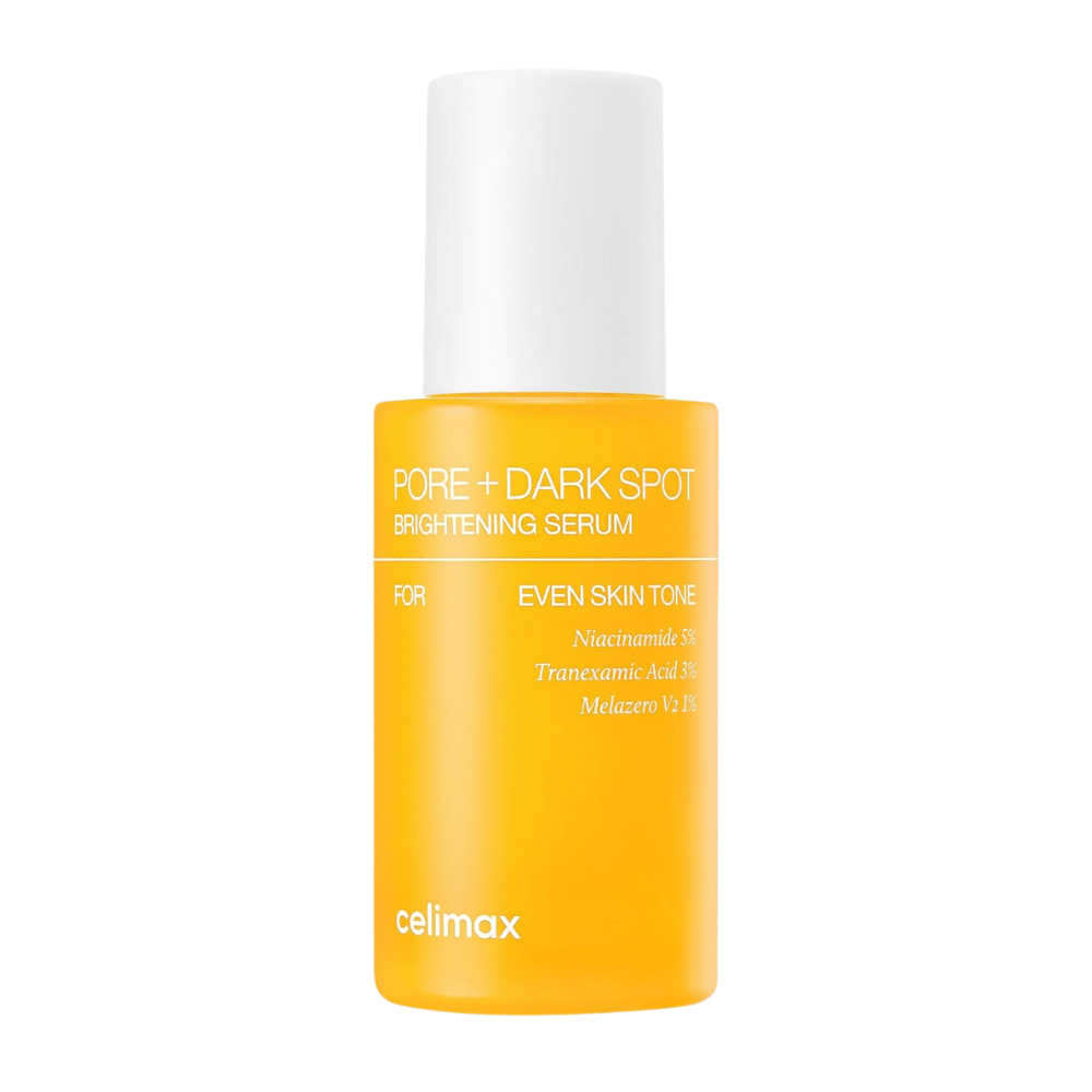 Celimax Pore + Dark Spot Brightening Serum in stehender gelber Flasche mit weißem Deckel, enthält Niacinamid, Tranexamsäure und Melazero.