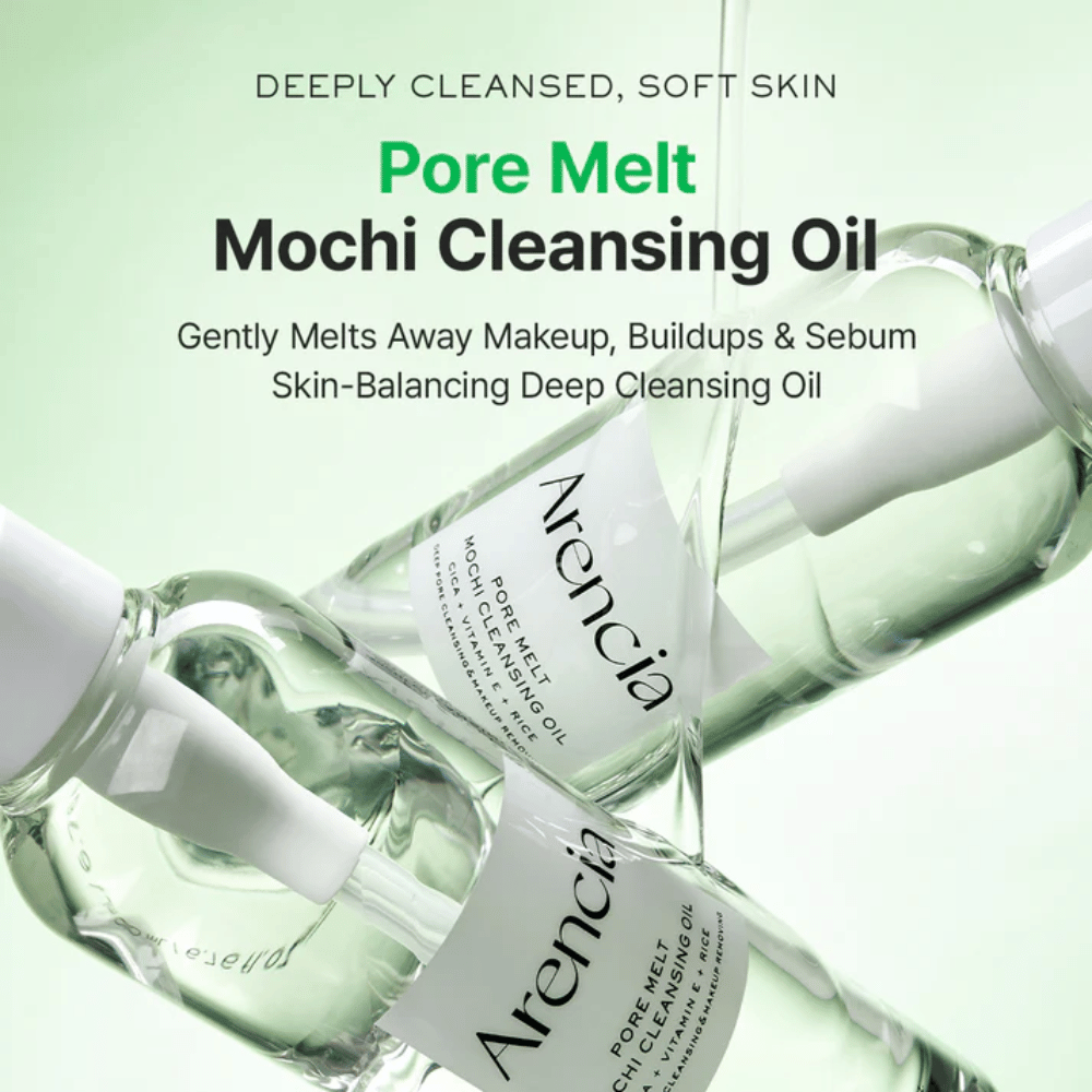 Produktbild mit Vorteilen für Arencia Pore Melt Mochi Cleansing Oil, schmilzt Make-up und Talg, unterstützt die Hautbarriere und hinterlässt die Haut weich ohne Spannungsgefühl.