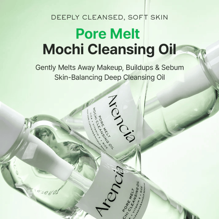 Produktbild mit Vorteilen für Arencia Pore Melt Mochi Cleansing Oil, schmilzt Make-up und Talg, unterstützt die Hautbarriere und hinterlässt die Haut weich ohne Spannungsgefühl.
