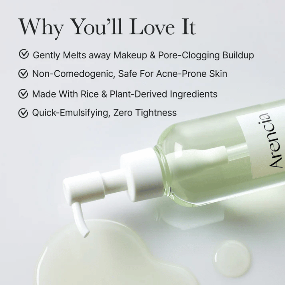 Informationsbild über Arencia Pore Melt Mochi Cleansing Oil, das 100 % porenfreundlich und nicht komedogen ist, entwickelt für empfindliche und zu Akne neigende Haut.