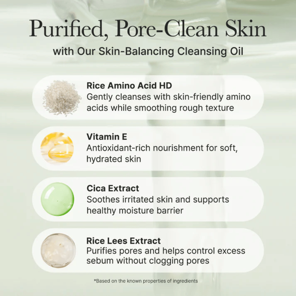 Zutatenübersicht für Arencia Pore Melt Mochi Cleansing Oil mit Reisaminosäure, Vitamin E, Cica-Extrakt und Reisrückstandsextrakt für sanfte Reinigung und gestärkte Hautbarriere.