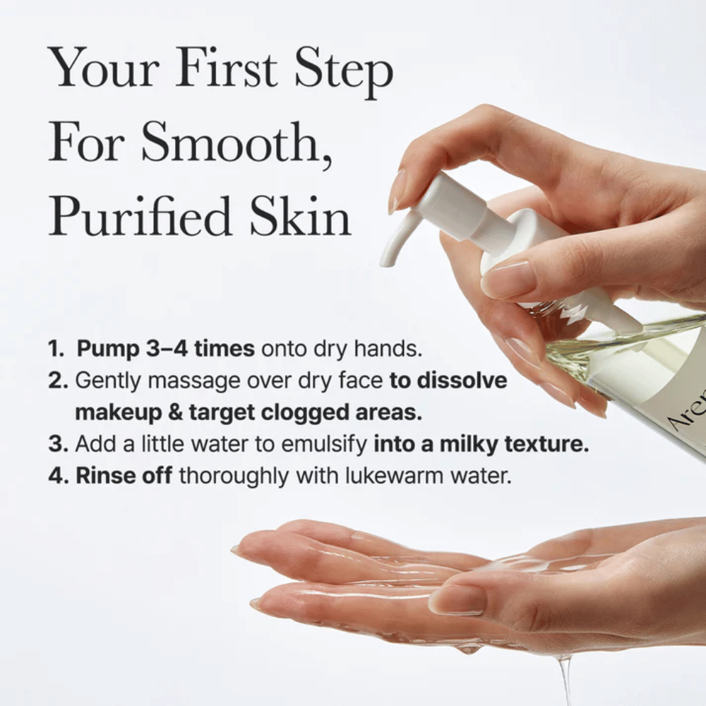 Anleitungsbild, das zeigt, wie Arencia Pore Melt Mochi Cleansing Oil als erster Schritt in der Reinigungsroutine für glattere, sauberere und ausgeglichenere Haut verwendet wird.