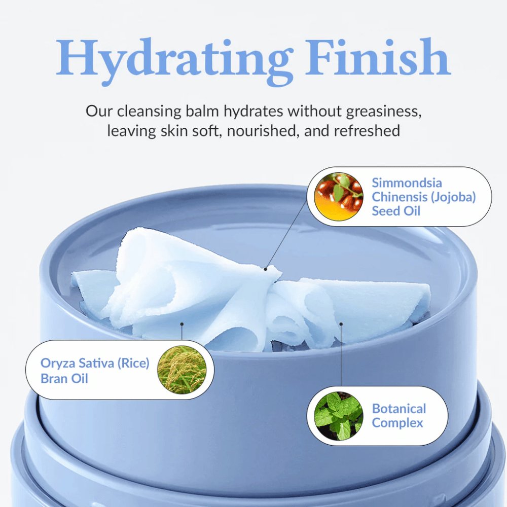 Dr.Althea Pore Refresh Grinding Cleansing Balm mit der Aufschrift "Hydrating Finish" darüber. Das Produkt enthält Simmondsia Chinensis (Jojoba) Samenöl, Oryza Sativa (Reis) Kleie Öl und einen botanischen Komplex. Die Creme bietet einen feuchtigkeitsspendenden Effekt, ohne fettig zu wirken, und hinterlässt die Haut weich, genährt und frisch.