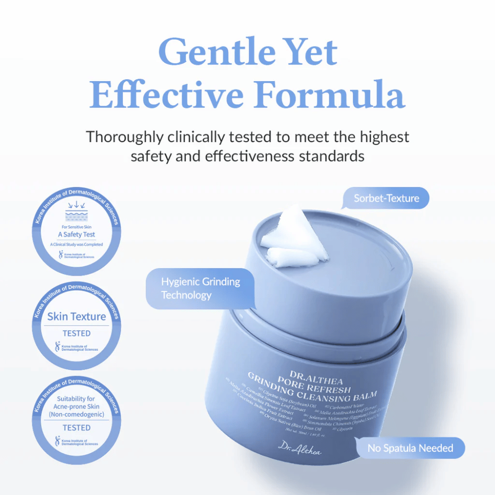 Dr.Althea Pore Refresh Grinding Cleansing Balm mit der Aufschrift "Gentle Yet Effective Formula" darüber. Das Glas hat eine Sorbet-Textur mit hygienischer Mahltechnologie und erfordert keinen Spatel zur Anwendung. Klinisch getestet für empfindliche Haut und zu Akne neigende Haut (nicht komedogen).