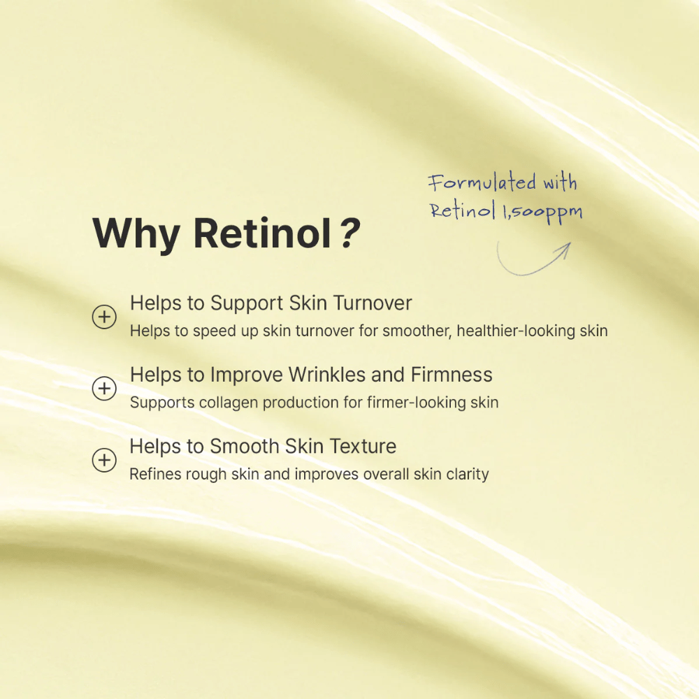 Guidebild, das erklärt, wie Retinol in die Hautpflegeroutine eingeführt werden sollte. Der Fokus liegt darauf, eine erbsengroße Menge zu verwenden, 1–2 Mal pro Woche zu beginnen und es abends aufzutragen. Das Bild enthält außerdem wichtige Informationen zur Vorsicht bei Schwangerschaft, Stillzeit und möglicher Reizung.