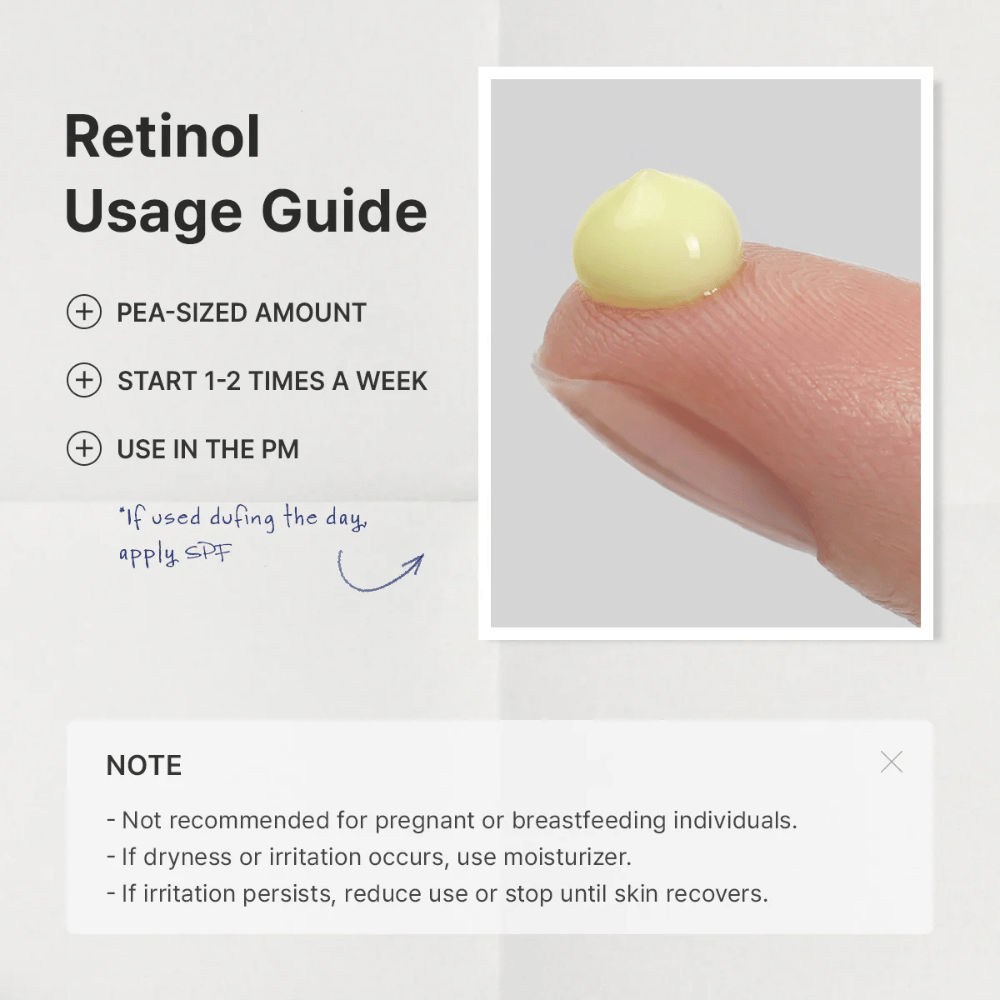 Guidebild, das erklärt, wie Retinol in die Hautpflegeroutine eingeführt werden sollte. Der Fokus liegt darauf, eine erbsengroße Menge zu verwenden, 1–2 Mal pro Woche zu beginnen und es abends aufzutragen. Das Bild enthält außerdem wichtige Informationen zur Vorsicht bei Schwangerschaft, Stillzeit und möglicher Reizung.