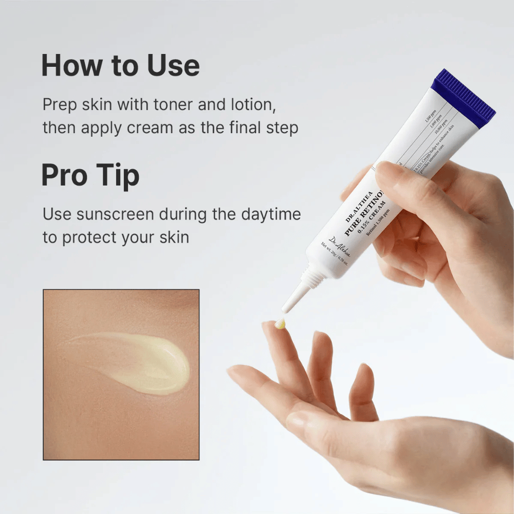 Anleitungsbild, das zeigt, wie Dr. Althea Pure Retinol 0.15% Cream aufgetragen wird. Eine Hand hält die Tube, während eine kleine Menge Creme auf die Fingerspitze gedrückt wird. Das Bild enthält außerdem eine Nahaufnahme der hellgelben, cremigen Textur und empfiehlt tagsüber Sonnenschutz bei der Anwendung von Retinol.