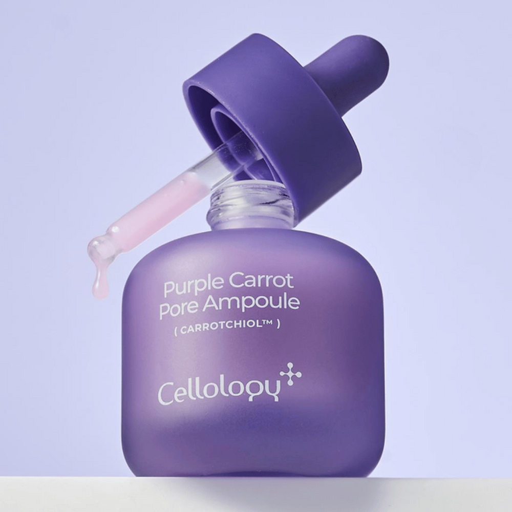 Cellology Purple Carrot Pore Ampoule mit Pipette, die die weiche, cremige Konsistenz der Ampulle zeigt.