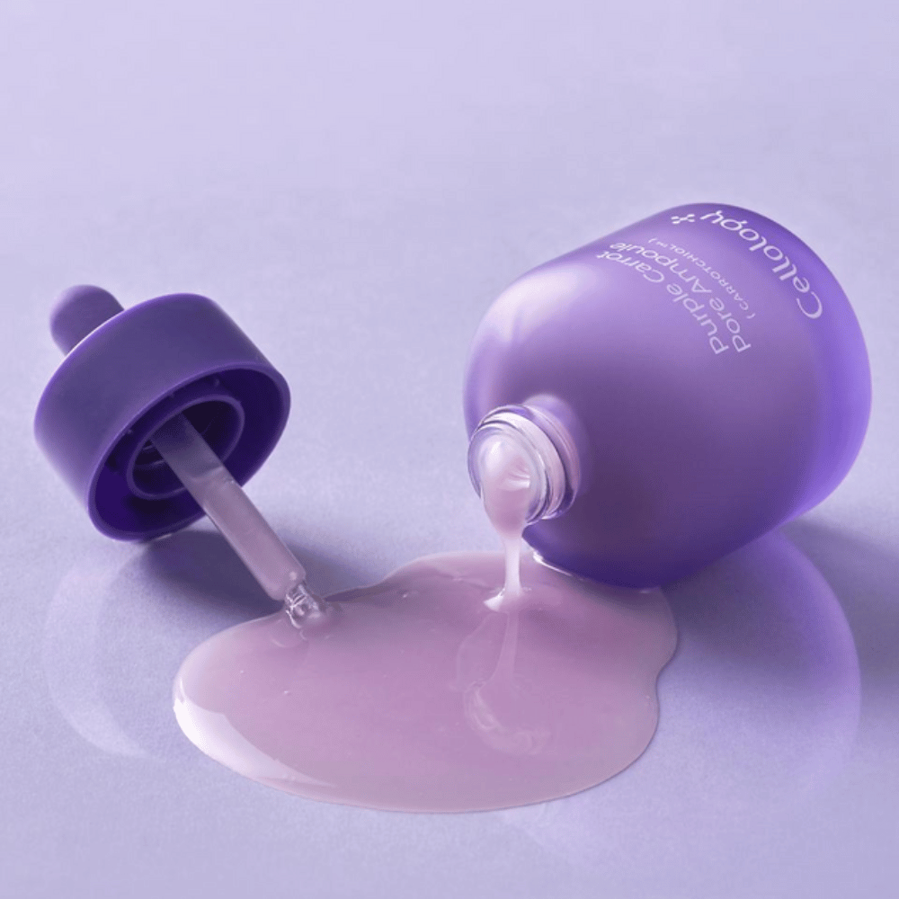 Cellology Purple Carrot Pore Ampoule mit Pipette und cremiger Serumtextur zur Pflege sichtbarer Poren.