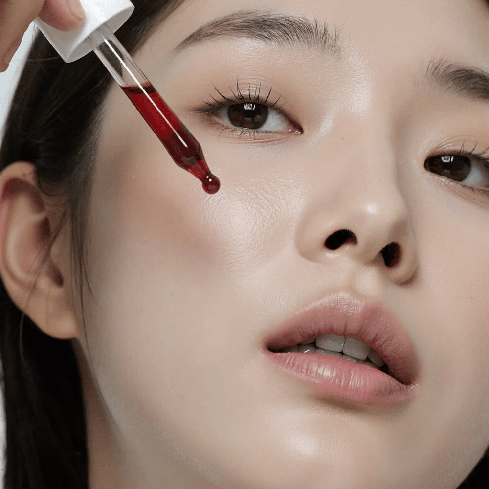 Nahaufnahme einer Frau mit glatter Haut, die Heimish RX AHA BHA 30% Peeling-Serum mit einer Pipette aufträgt, wobei ein roter Tropfen dabei ist, ihre Wange zu treffen.