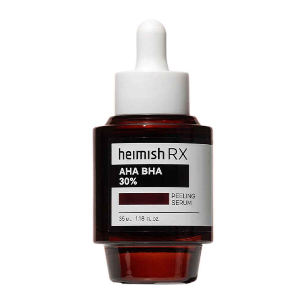 Heimish RX AHA BHA 30% Peeling-Serum in einer dunkelroten Glasflasche mit Pipette, entworfen für Peeling und verbesserte Hauttextur.