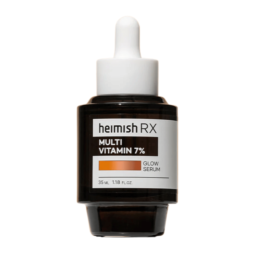Heimish RX Multi Vitamin 7% Glow Serum in einer dunklen Glasflasche mit Pipettendeckel, entworfen, um der Haut Glanz und Nährstoffe zu verleihen.