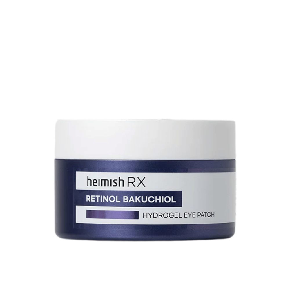 Heimish RX Retinol Bakuchiol Hydrogel Eye Patch in einer dunkelblauen Dose mit weißem Deckel. Intensiv feuchtigkeitsspendende und straffende Augenpads für einen jugendlicheren Look.