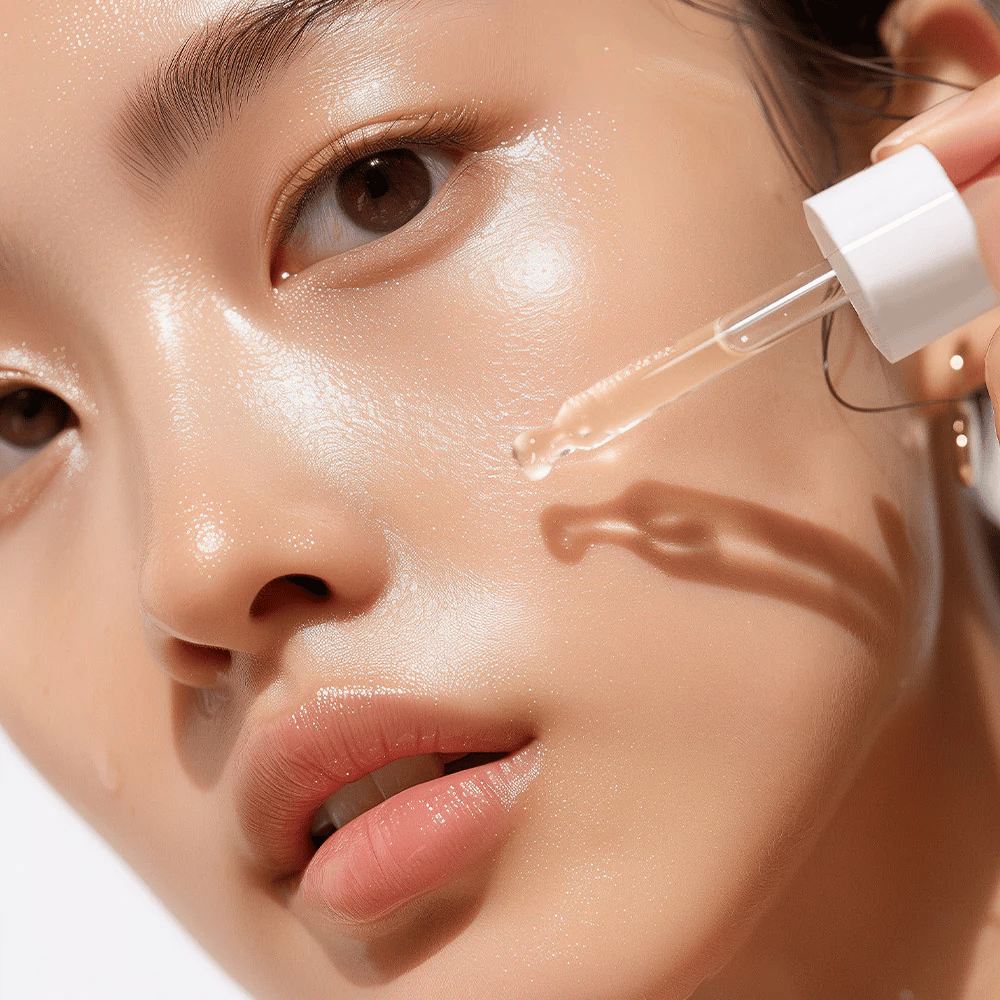 Nahaufnahme einer Person mit strahlender Haut, die Heimish RX Retinol Bakuchiol Booster Oil mit einer Pipette aufträgt. Das Öl wird vorsichtig auf die Wange getropft für intensive Feuchtigkeit und Pflege.