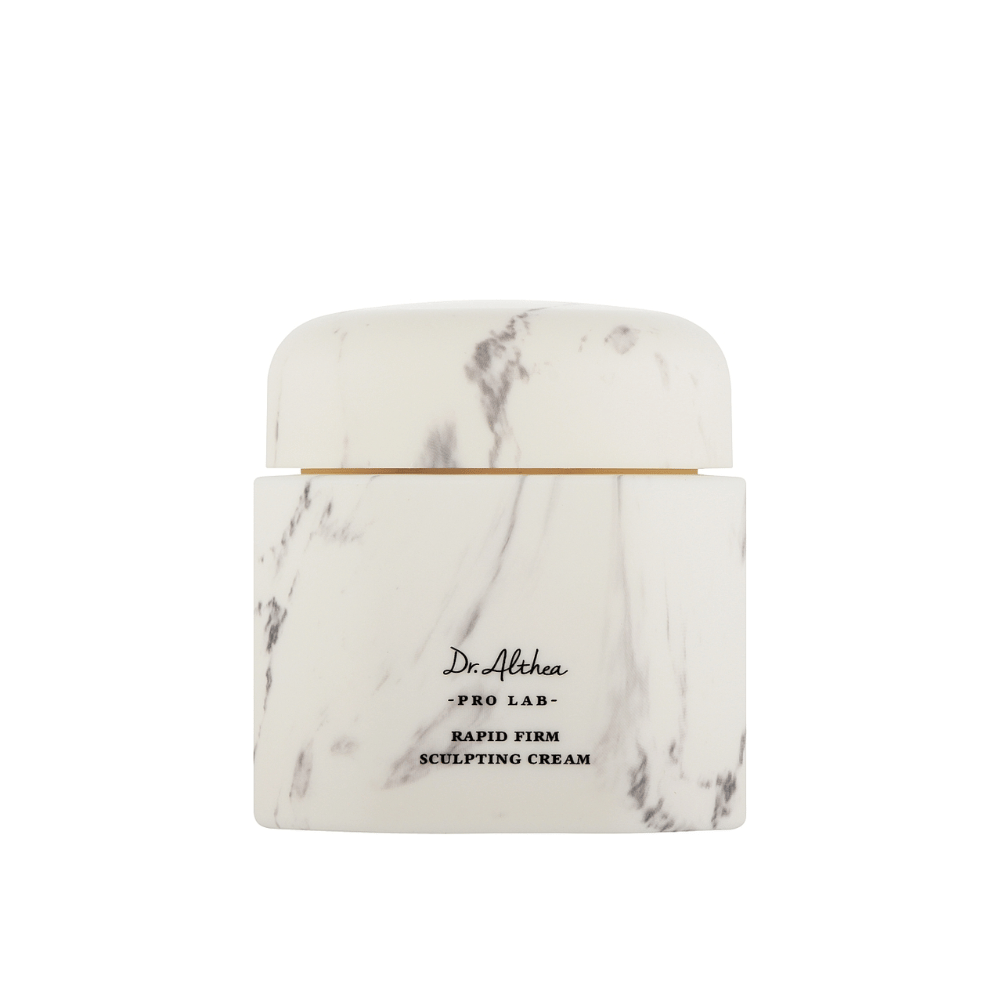 Dr. Althea Pro Lab Rapid Firm Sculpting Cream in einem stilvollen marmorierten Behälter. Eine luxuriöse Gesichtscreme, die die Haut strafft und mit Feuchtigkeit versorgt, mit dem Fokus auf Hebung und Unterstützung für jugendlichen Glanz.