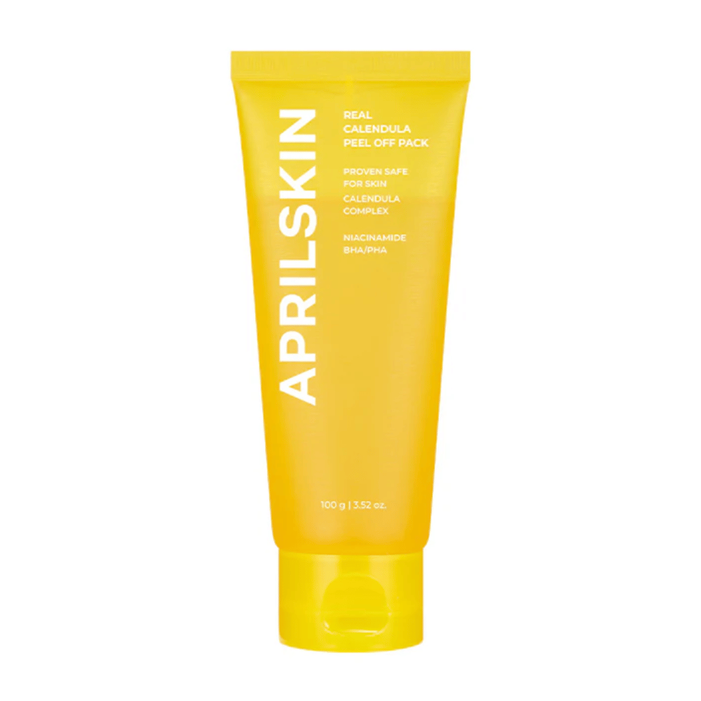Das Bild zeigt eine gelbe Tube mit "Real Calendula Peel Off Pack" von APRILSKIN. Das Produkt enthält Inhaltsstoffe wie Ringelblume, Niacinamid sowie BHA und PHA, um die Haut sanft zu exfolieren.