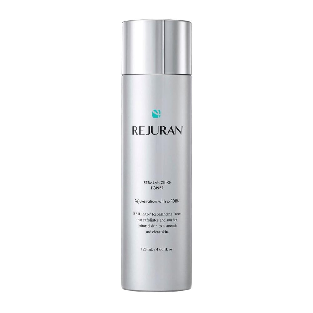 Rejuran Rebalancing Toner 120 ml, ausgleichender Gesichtstoner mit C-PDRN in einer silberfarbenen Flasche mit glänzendem Verschluss vor weißem Hintergrund.