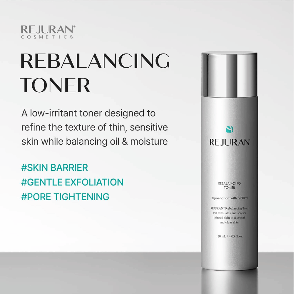 Rejuran Rebalancing Toner 120 ml, sanft exfolierender Gesichtstoner mit C-PDRN für empfindliche Haut. Silberfarbene Flasche mit Produktvorteilen.