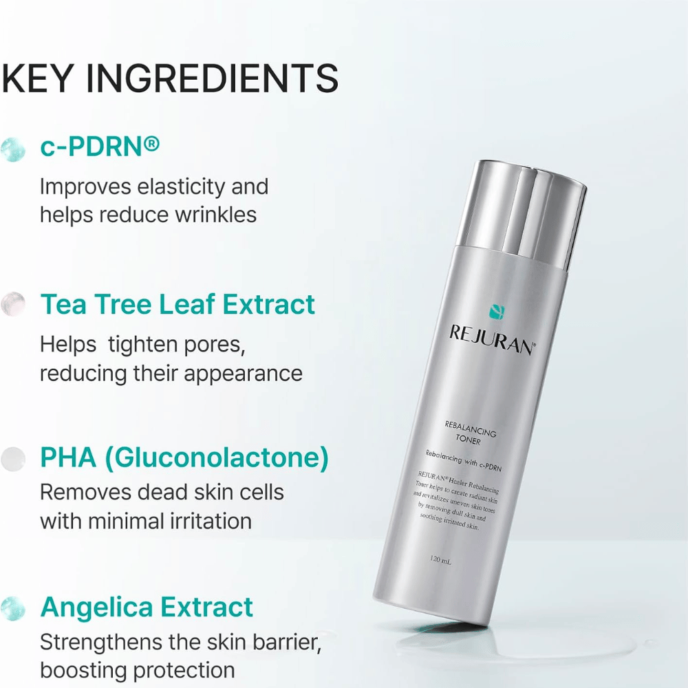 Rejuran Rebalancing Toner 120 ml mit C-PDRN, tea tree-Extrakt, PHA und Angelika-Extrakt. Silberfarbene Flasche mit Inhaltsstoffübersicht.