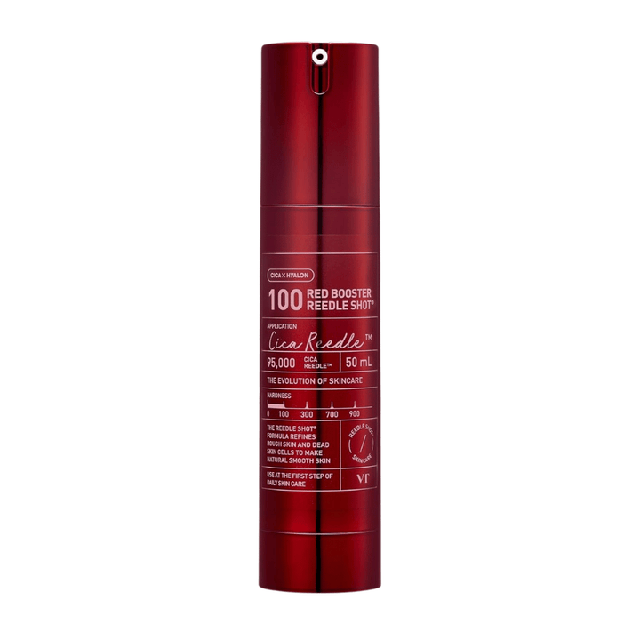 VT Cosmetics Red Booster Reedle Shot 100 Microneedling-Serum in roter Flasche auf weißem Hintergrund, 50 ml, entwickelt für Peeling, Hauterneuerung und verbesserte Aufnahme in der Hautpflegeroutine.