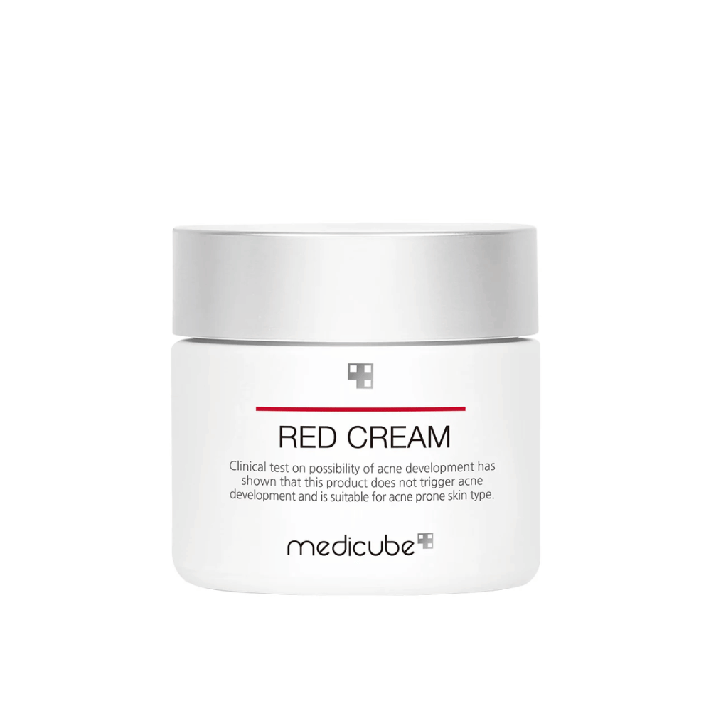 medicube Red Cream 50ml in weißem Behälter mit silbernem Deckel – entwickelt für zu Akne neigende Haut und getestet, um keine neuen Ausbrüche zu verursachen.