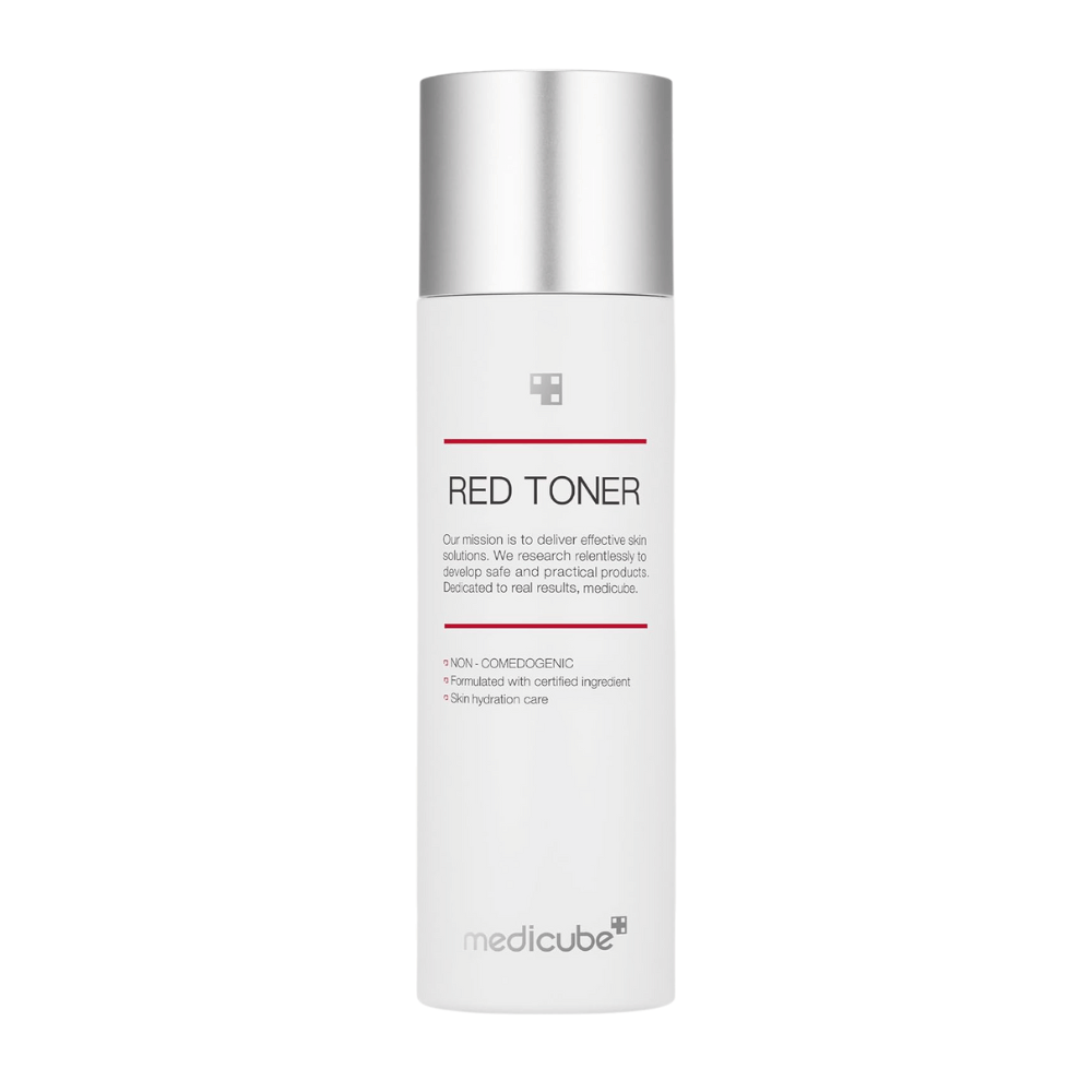Produktbild von medicube Red Toner – eine weiße Flasche mit Silberdeckel und minimalistischem Design, entwickelt für zu Akne neigende Haut.