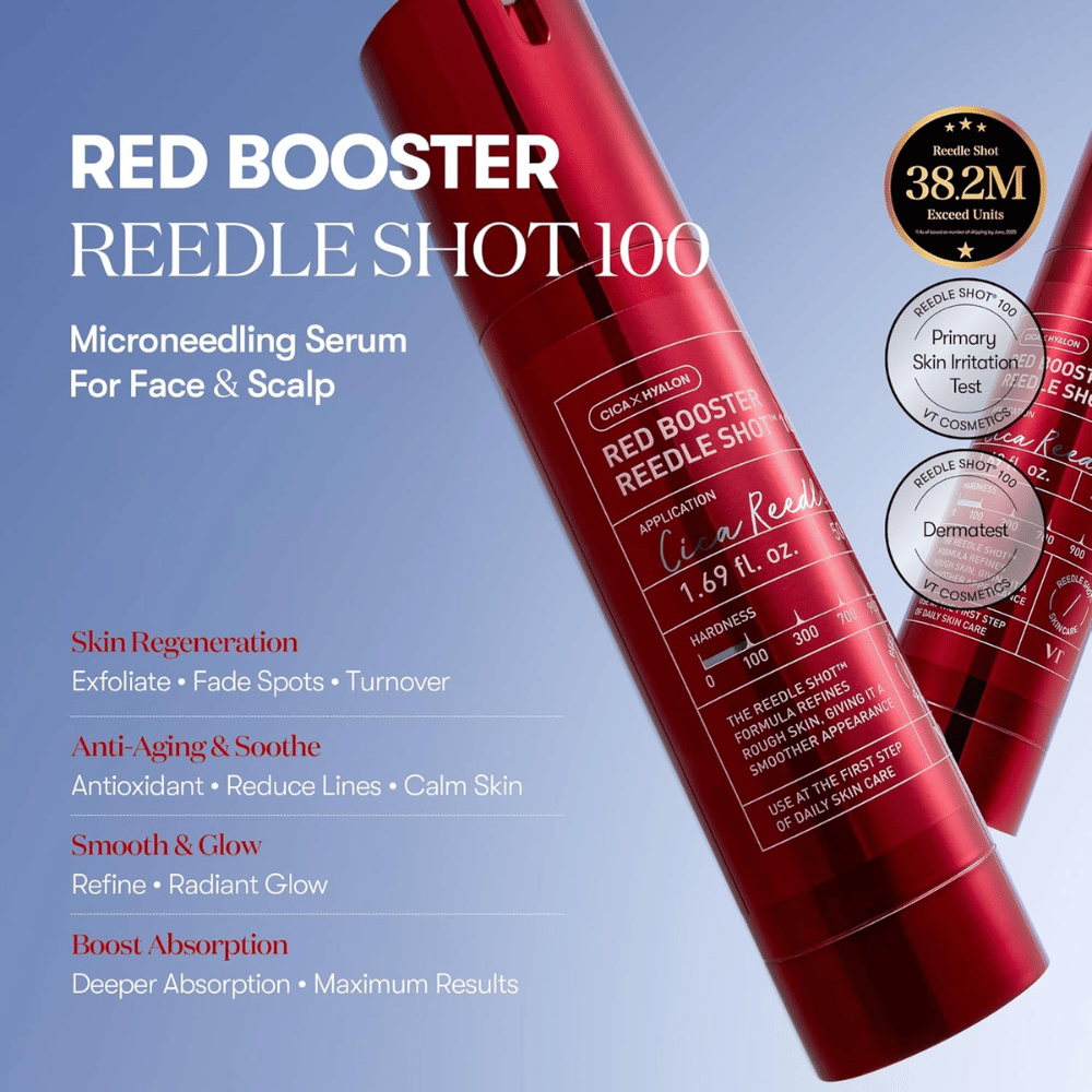 VT Cosmetics Red Booster Reedle Shot 100 Microneedling-Serum für Gesicht und Kopfhaut, entwickelt für Hauterneuerung, erhöhte Aufnahme, Anti-Aging-Effekt, gleichmäßigeren Hautton und natürlichen Glow.