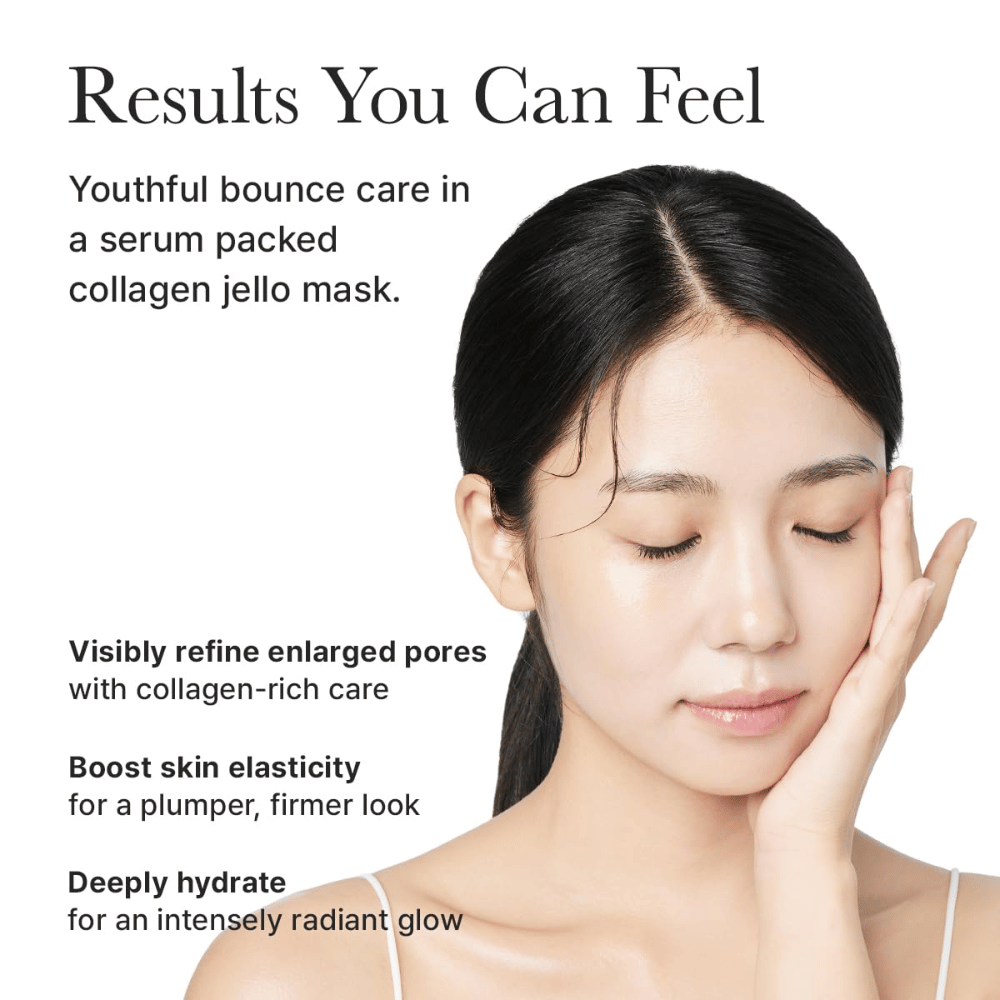 Ergebnisse von Arencia Red Collagen Jello Mask – sichtbar festere Haut, verbesserte Elastizität, minimierte Poren und intensive Feuchtigkeit mit Glow.