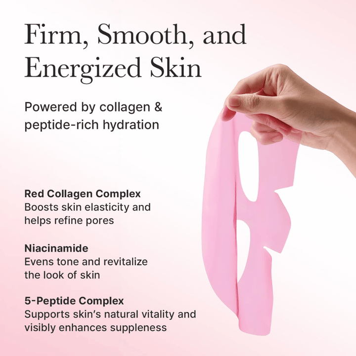 Vorteile von Arencia Red Collagen Jello Mask – angereichert mit rotem Kollagen, Niacinamid und Peptiden, die die Elastizität stärken, den Hautton ausgleichen und der Haut Energie verleihen.