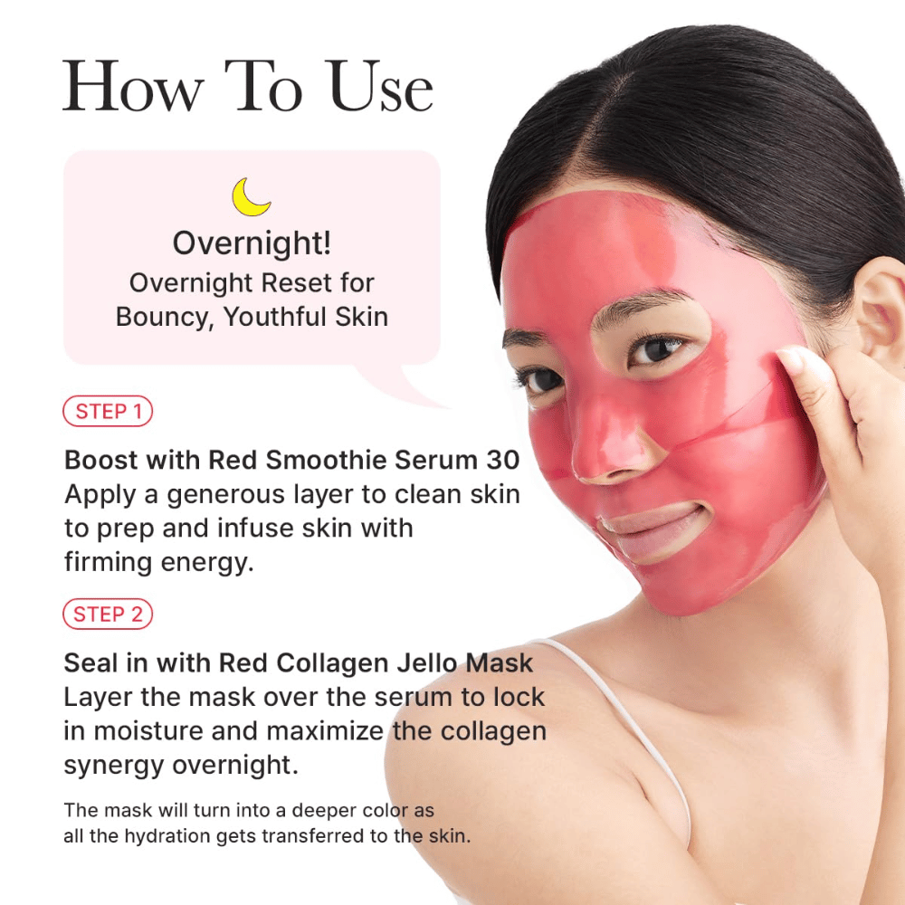 Anwendungsanleitung für Arencia Red Collagen Jello Mask als Nachtmaske – nach dem Serum auftragen, um über Nacht Spannkraft, tiefe Feuchtigkeit und jugendliche Haut zu verleihen.