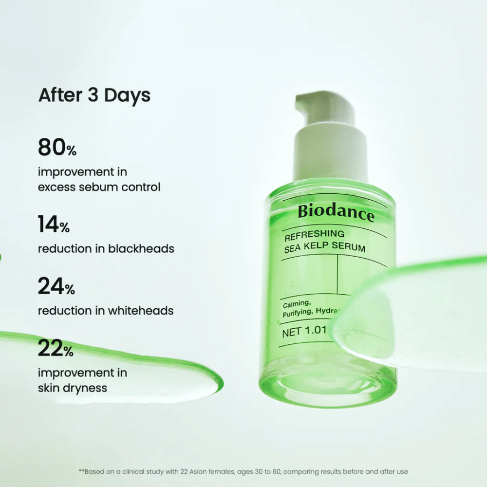 Ergebnisse nach 3 Tagen mit Biodance Sea Kelp Serum – reduzierte Talgproduktion und verminderte Mitesser.