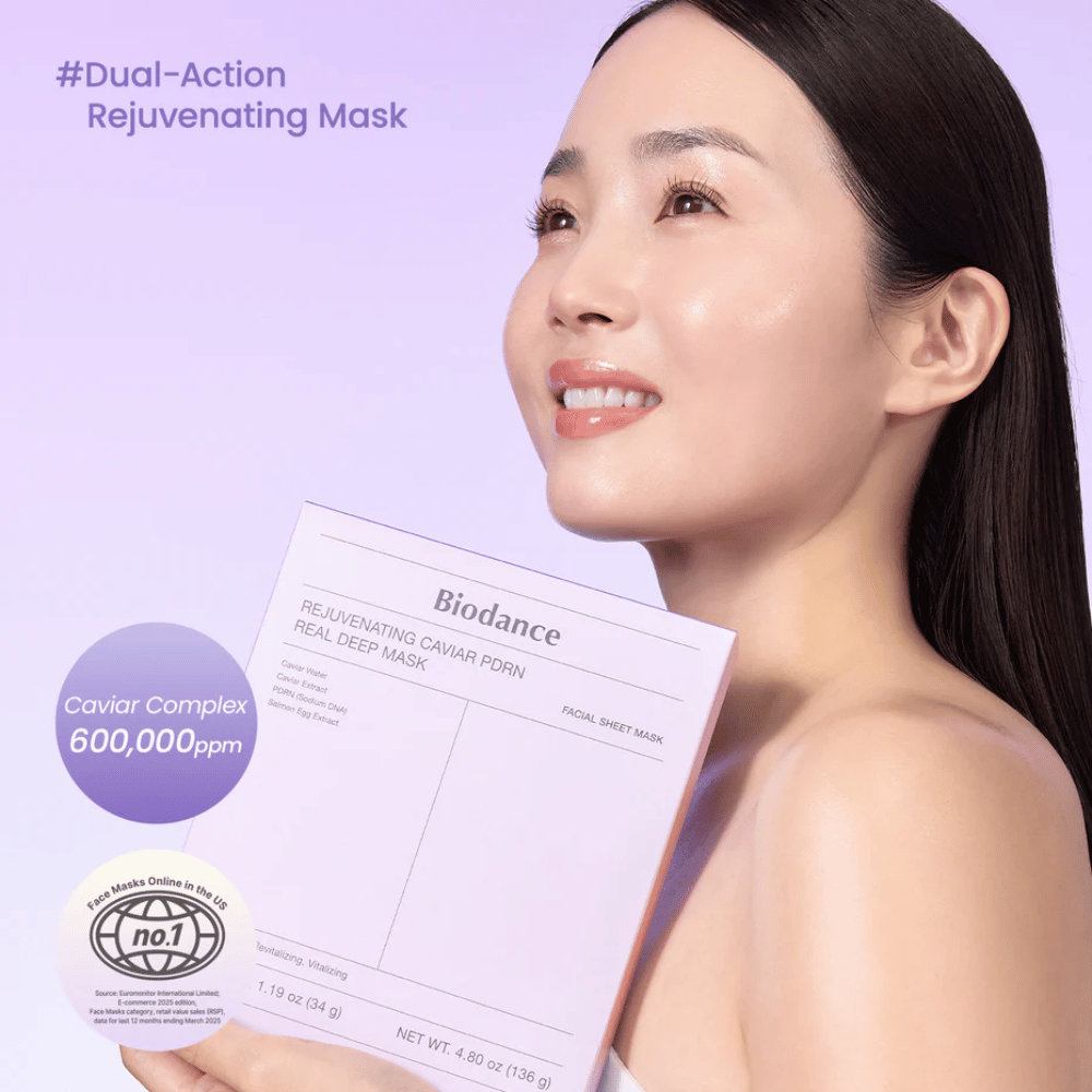 Produktbild von Biodance Rejuvenating Caviar PDRN Real Deep Mask – lila sheet mask-Verpackung mit Kaviar, PDRN und feuchtigkeitsspendender Formel