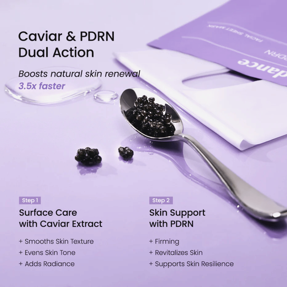 Kaviar und PDRN-Inhaltsstoffe in Biodance Rejuvenating Caviar PDRN Real Deep Mask, die die Hauterneuerung stärken und festere Haut verleihen
