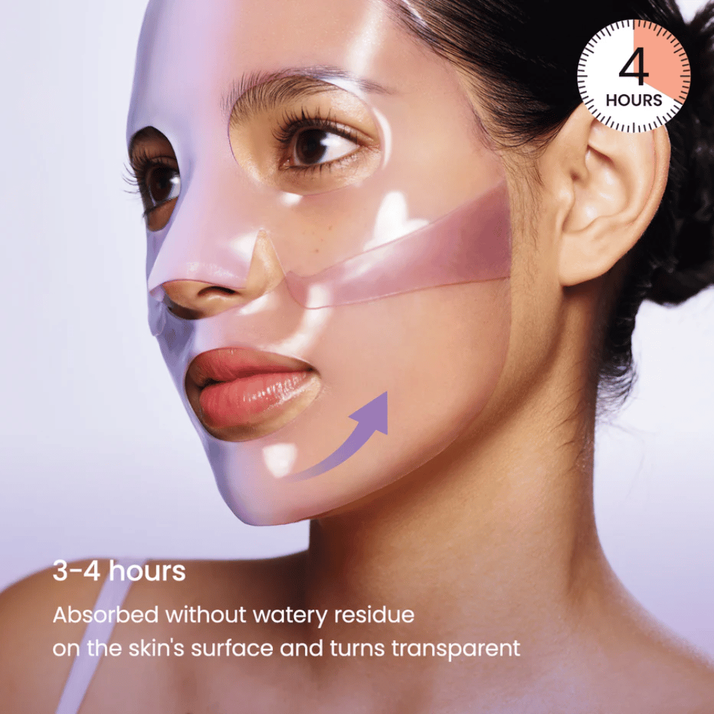 Biodance Rejuvenating Caviar PDRN Real Deep Mask im Gesicht aufgetragen – Gelmaske, die absorbiert wird und nach 3–4 Stunden transparent wird