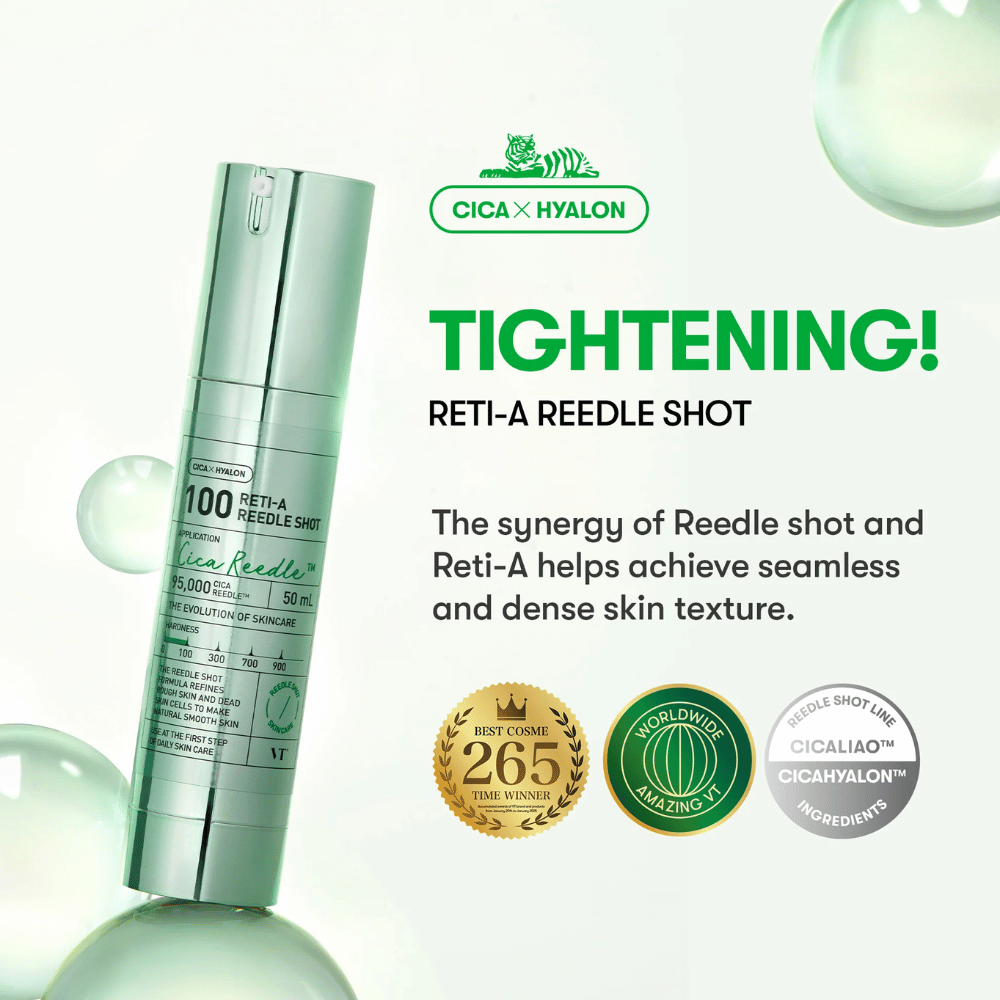 Produktbild von VT Reti-A Reedle Shot 100 mit Fokus auf straffende Wirkung, Cica und Hyalon, die glattere, festere und elastischere Haut verleihen.