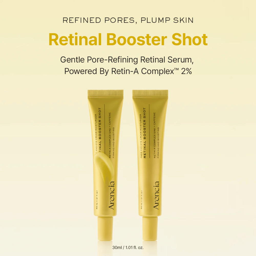 Produktpräsentation von Arencia Retinal Booster Shot 2 %, mildes Retinalserum für verfeinerte Poren, aufgepolsterte Haut und gleichmäßigere Hautstruktur.