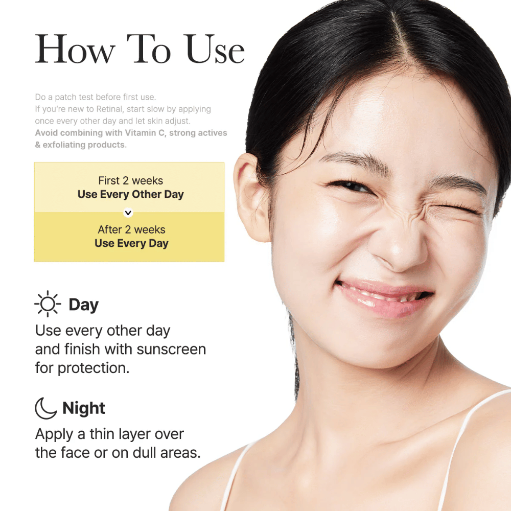 Anleitungsbild für Arencia Retinal Booster Shot mit empfohlener Anwendung jeden zweiten Tag in den ersten zwei Wochen und danach täglich, Tag- und Nachtroutine für Retinal.