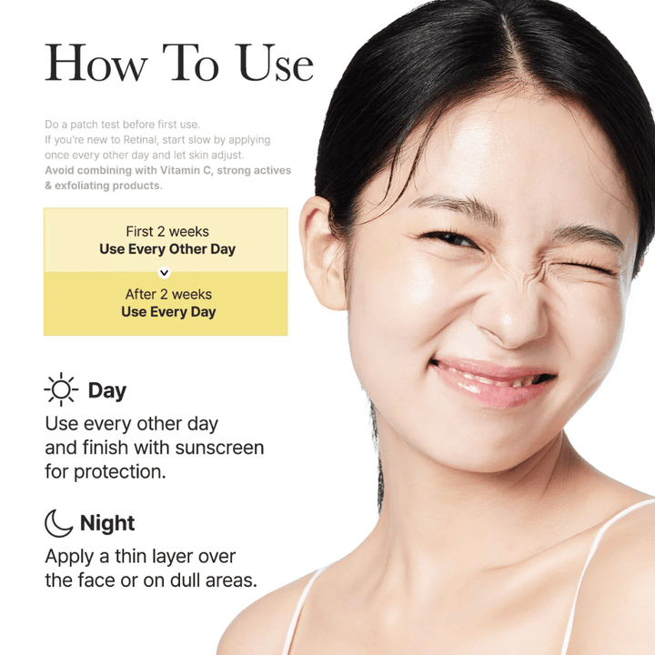 Anleitungsbild für Arencia Retinal Booster Shot mit empfohlener Anwendung jeden zweiten Tag in den ersten zwei Wochen und danach täglich, Tag- und Nachtroutine für Retinal.